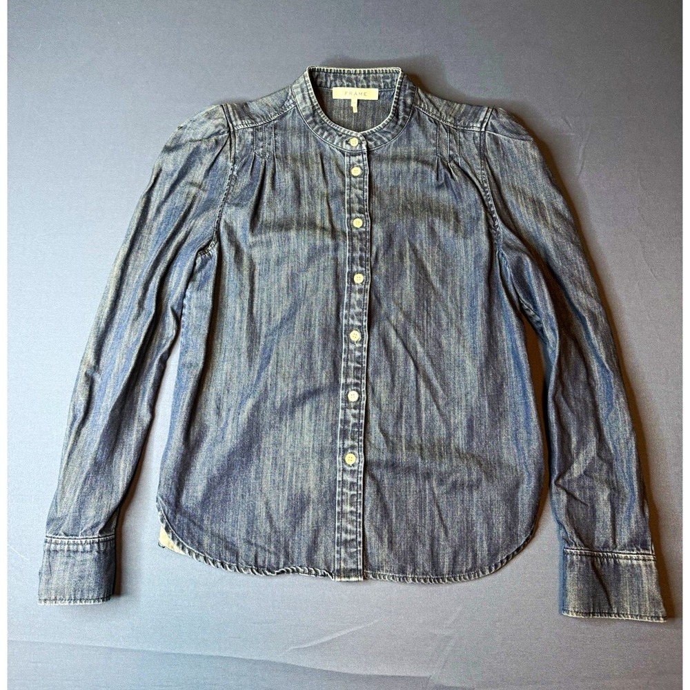 FRAME Womens Blue Cotton Denim Button-Front Band Collar Long Sleeve Blouse S